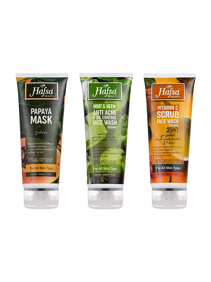 Hafsa Beauty Complete Face Treatment Kit (Cleanser + Face Wash + Scrub)